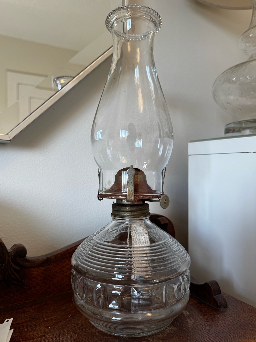 Vintage Kaadan Ltd Clear Glass Hurricane Oil Lamp Block Ribbed Pattern 1970s